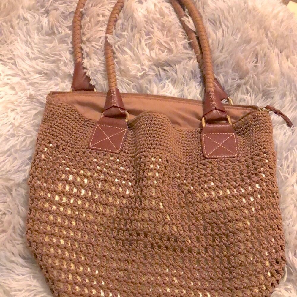 The Sak  Boho Tote Style Taupe and Gold Underlay Hand Bag/Purse/ Tote